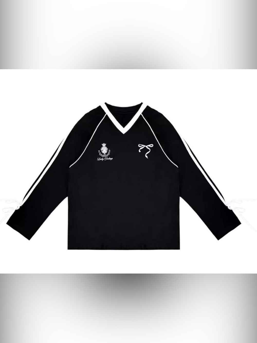 Black V-Neck Long Sleeve Pullover with White Trim